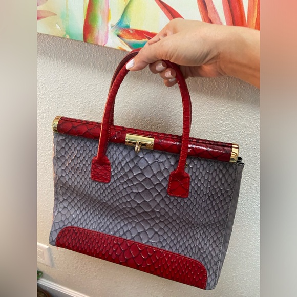Vintage Pelle Di Giada Made in Italy, animal Print Gray & Red Leather Handbag - Picture 1 of 16